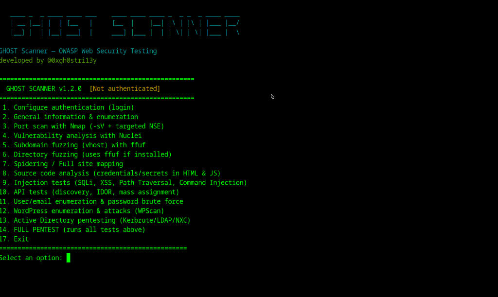 GHOST Scanner command line menu listing its fourteen test modules