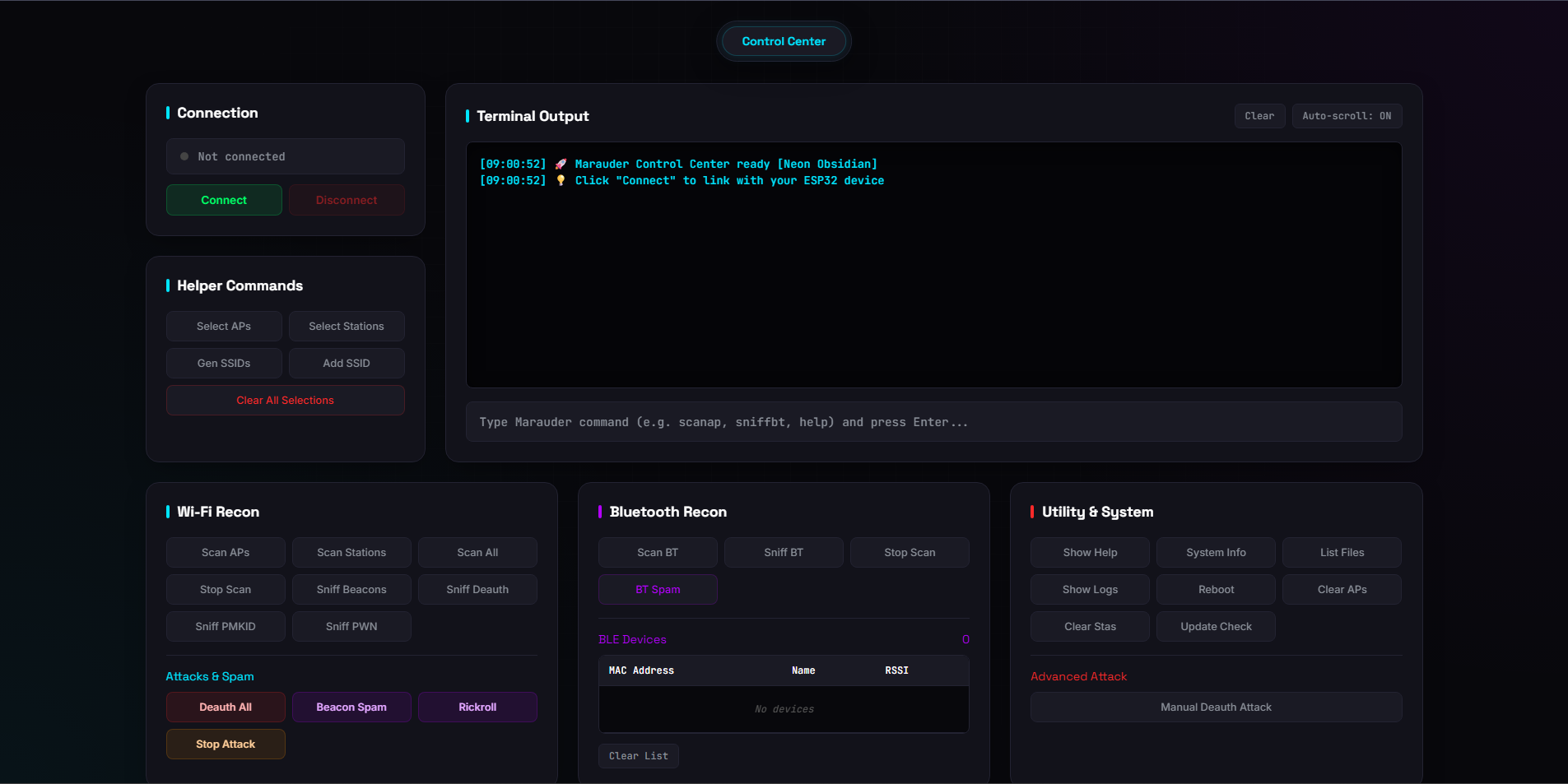 Marauder Web UI control centre with WiFi and Bluetooth recon panels