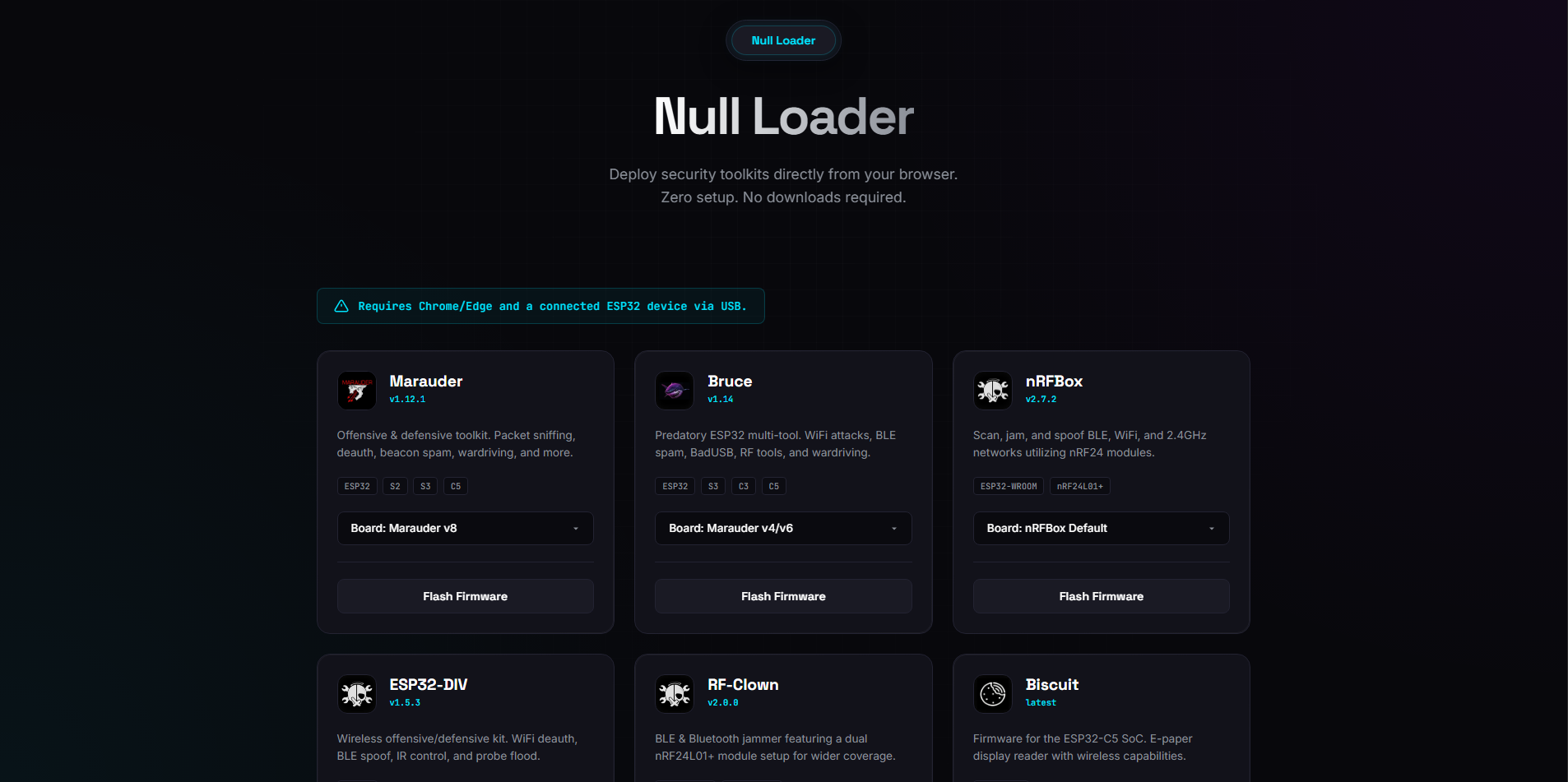 Null Loader firmware flashing interface with per-board cards